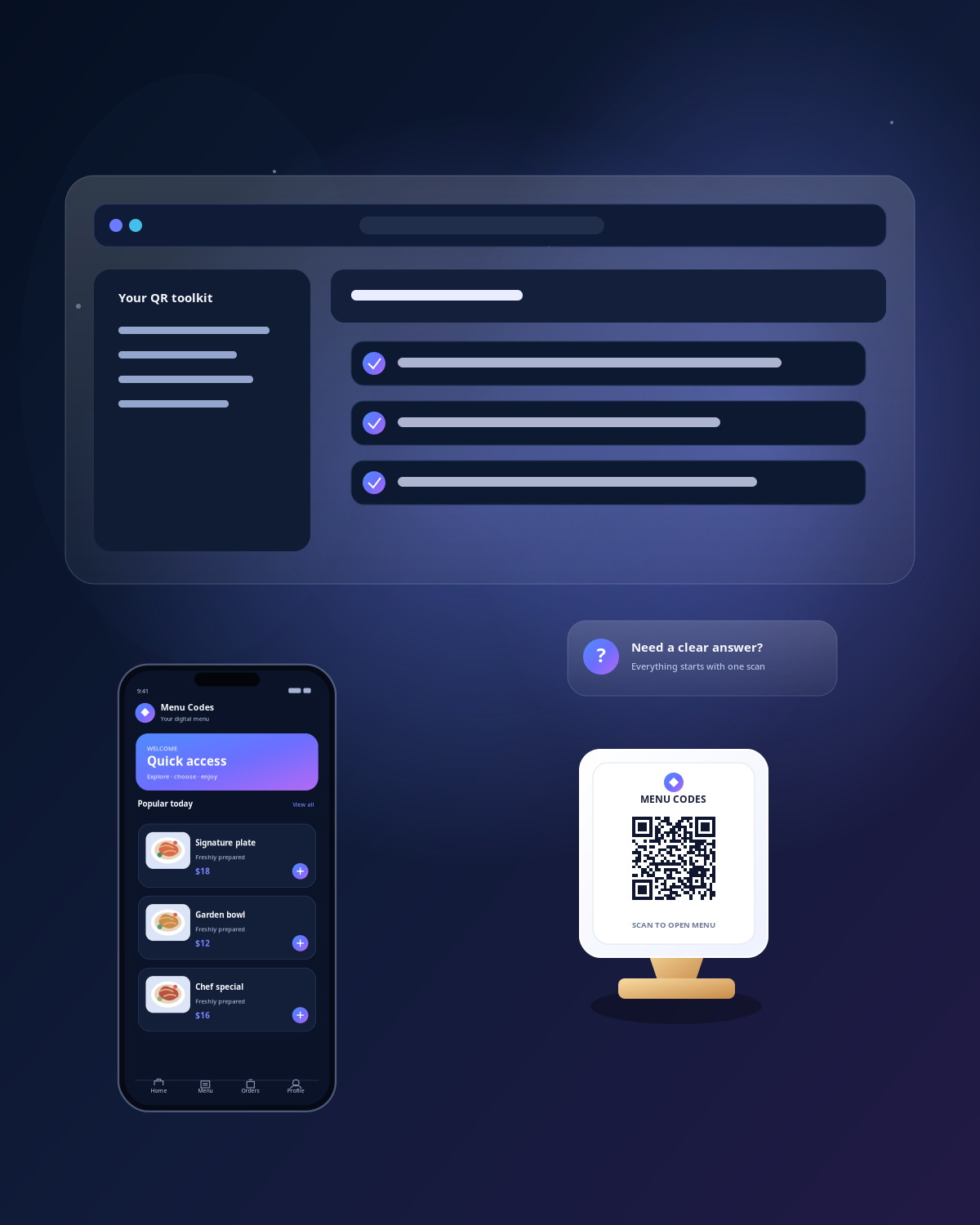 A list of frequently asked questions about the digital menu system with their answers