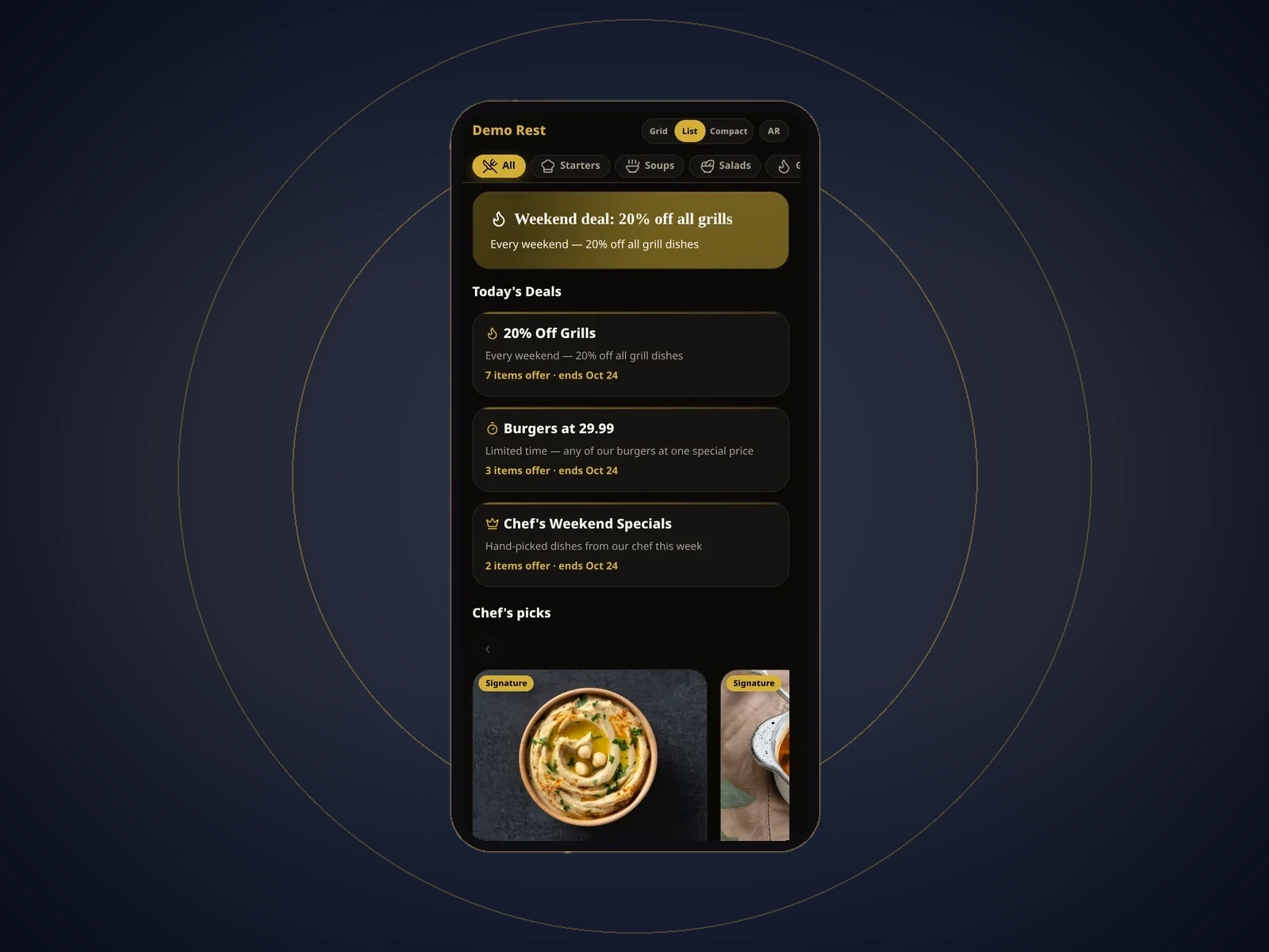 Smartphone mockup showing the Menu Codes digital menu with category pills and today's offers